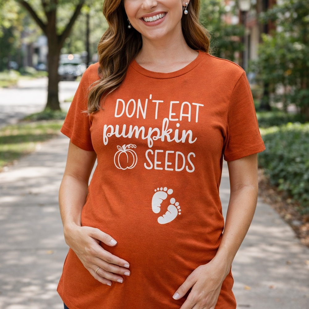 Maternity Graphic T-Shirt Size L “Don’t Eat Pumpkin Seeds” Soft Tee